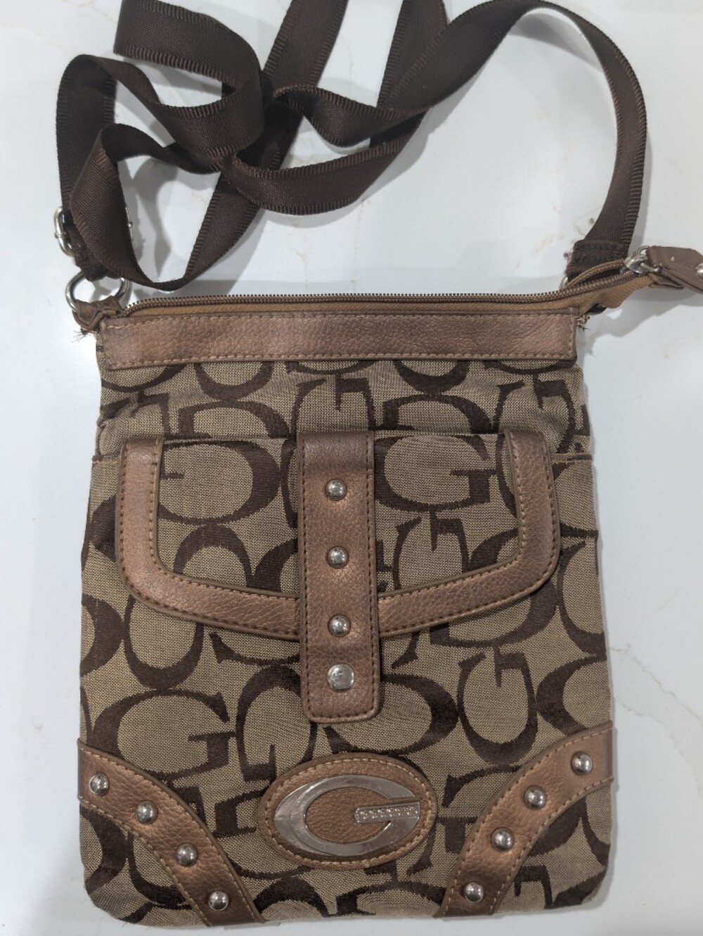 Guess Jacquard Crossbody in Brown & Tan